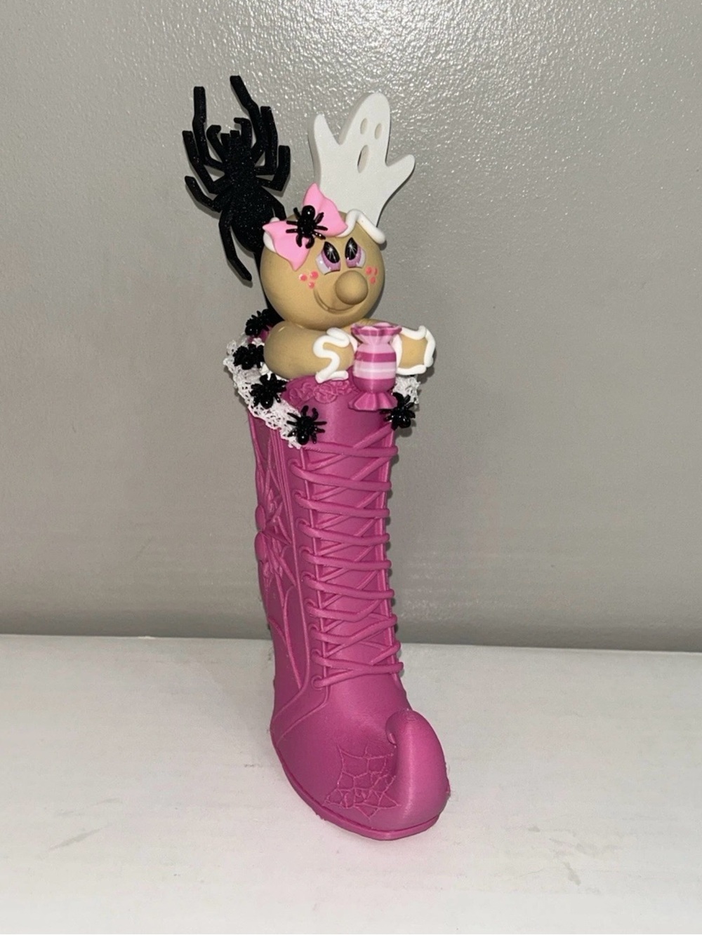 Pink Halloween Witch Boot Decor w Ghost and Spider Accents Handmade Gingerbread